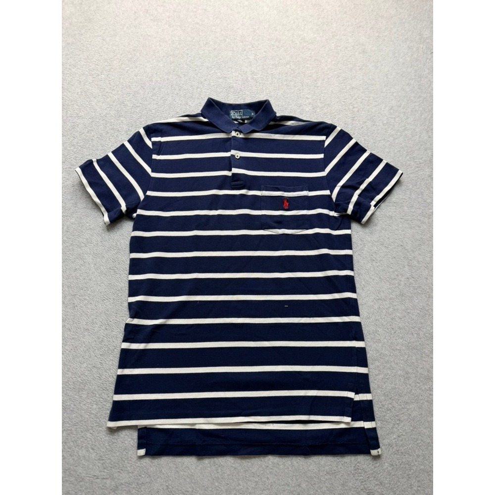 Polo Ralph Lauren Mens Small Navy Blue White Striped Pocket Polo Shirt Short Slv